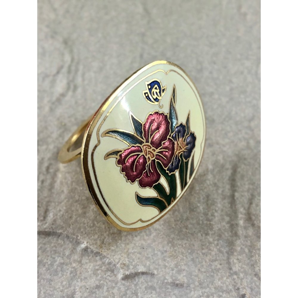 Vintage Floral Iris and Butterfly Cloisonne Scarf Clip